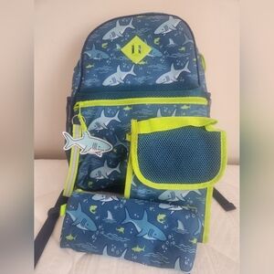 Shark Print Kids Backpack Set - Blue and Green 3 Pieces